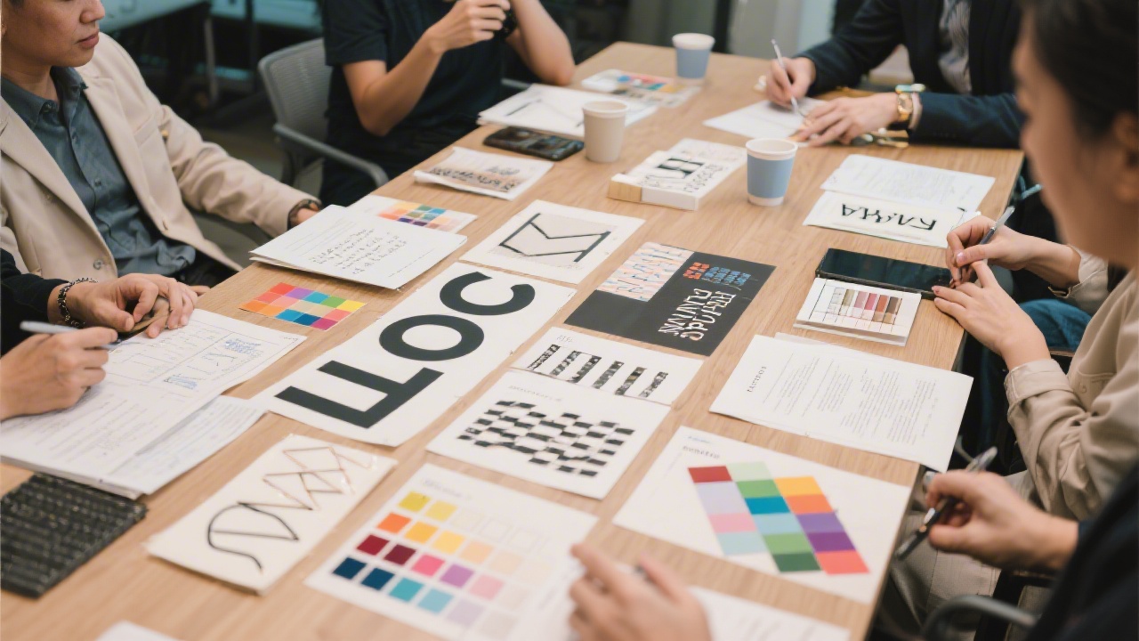 Workshop table with mood boards, typography samples, and color swatches while marketers review brand positioning notes for a Hong Kong retail brand.