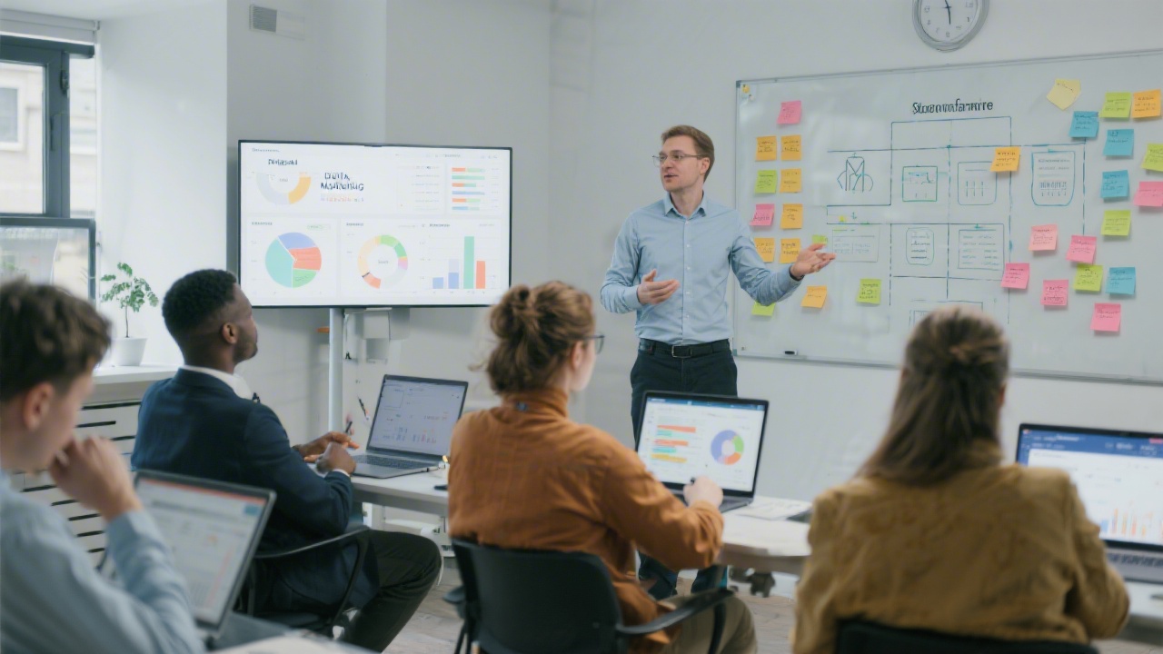 Focused training session with participants reviewing digital marketing dashboards on laptops, sticky notes on walls, and an instructor presenting structured frameworks in a modern classroom.