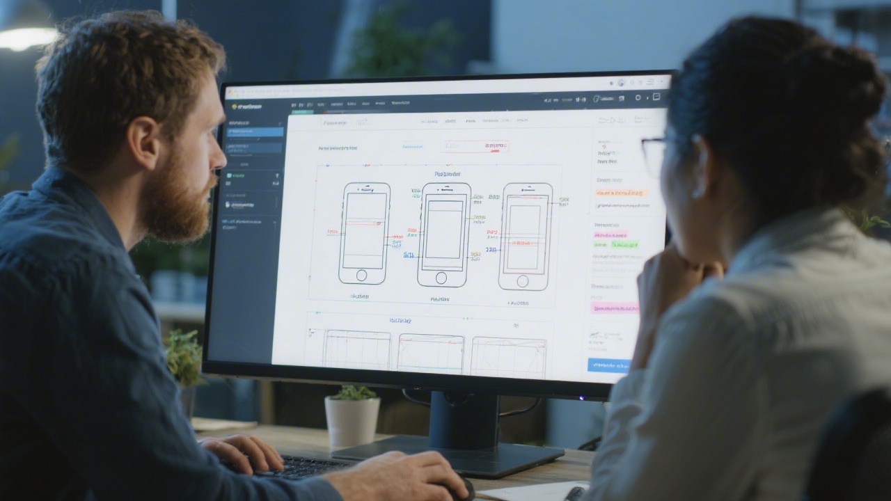 Developer and marketer reviewing a responsive website layout on a large monitor showing wireframes, mobile breakpoints, and performance notes.
